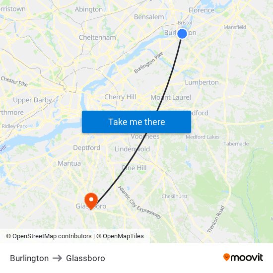 Burlington to Glassboro map