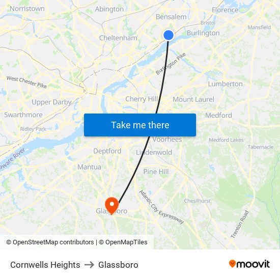 Cornwells Heights to Glassboro map