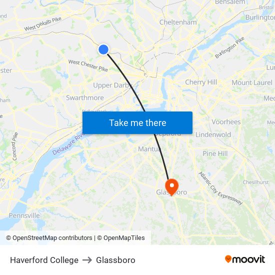 Haverford College to Glassboro map