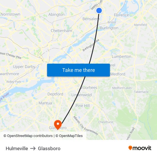 Hulmeville to Glassboro map