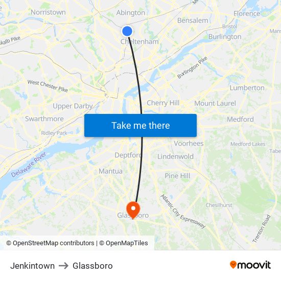 Jenkintown to Glassboro map