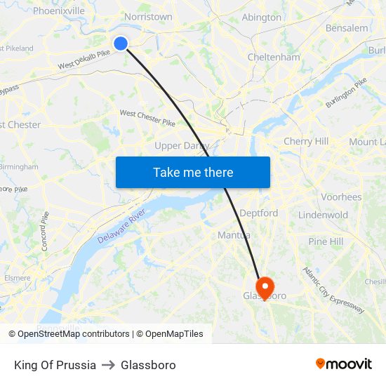 King Of Prussia to Glassboro map