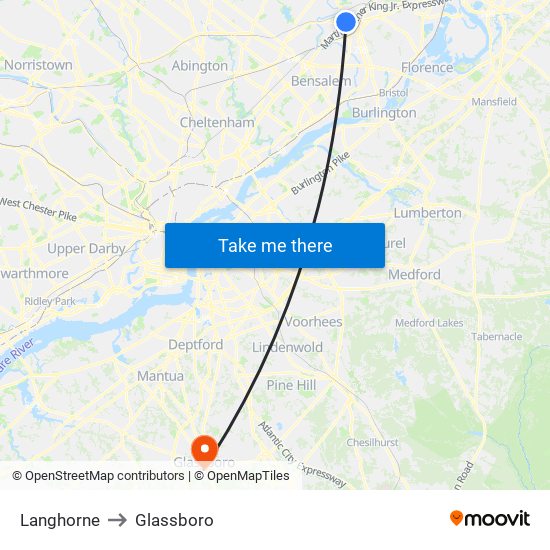 Langhorne to Glassboro map