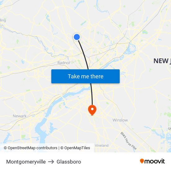 Montgomeryville to Glassboro map