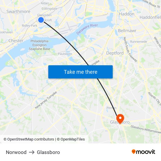 Norwood to Glassboro map