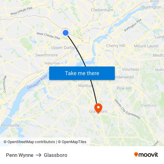 Penn Wynne to Glassboro map
