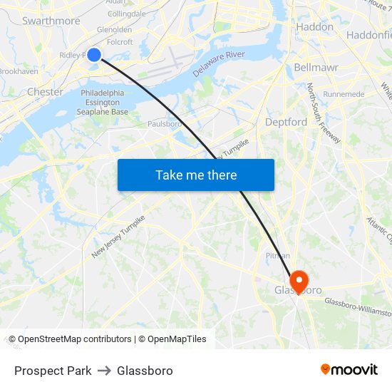 Prospect Park to Glassboro map