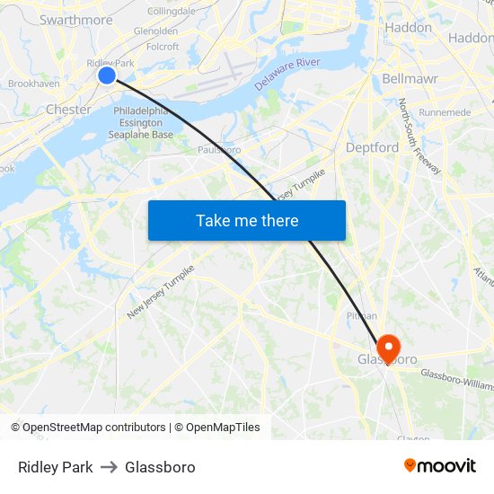 Ridley Park to Glassboro map
