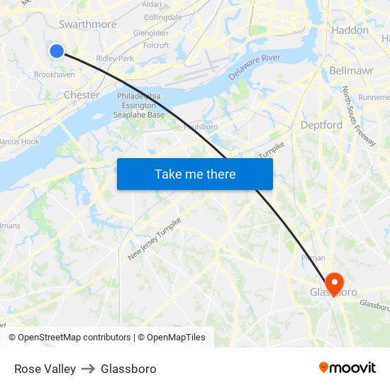 Rose Valley to Glassboro map