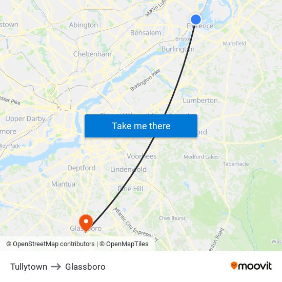 Tullytown to Glassboro map