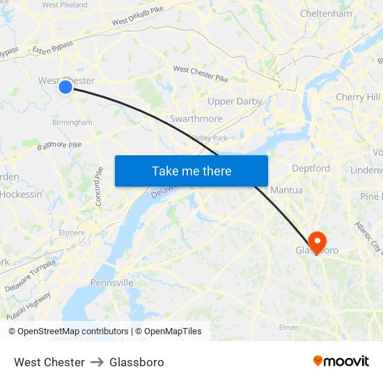 West Chester to Glassboro map