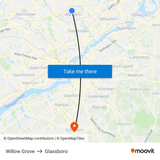 Willow Grove to Glassboro map