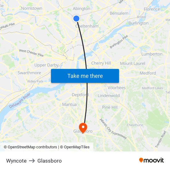 Wyncote to Glassboro map