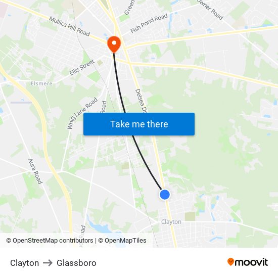 Clayton to Glassboro map