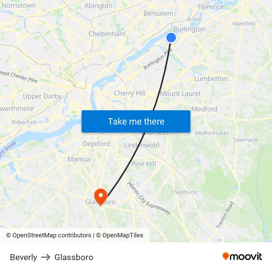 Beverly to Glassboro map