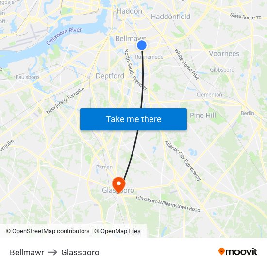 Bellmawr to Glassboro map