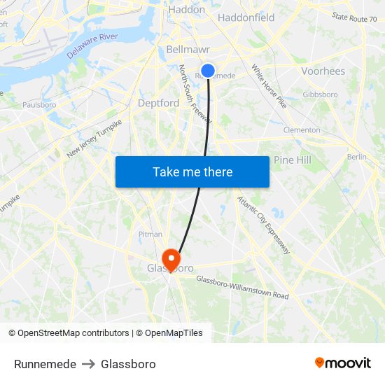 Runnemede to Glassboro map