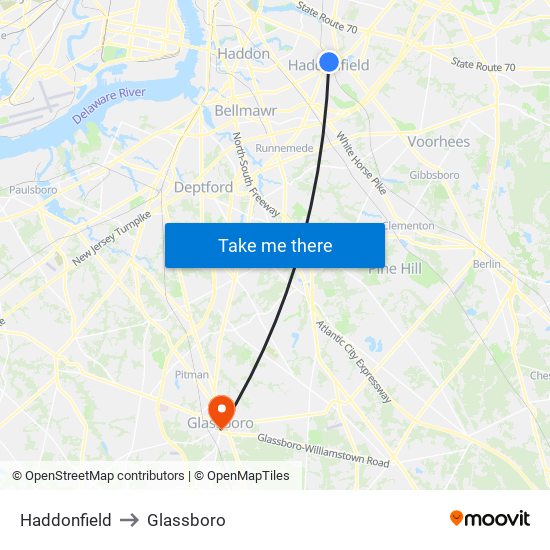 Haddonfield to Glassboro map