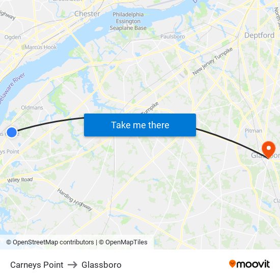 Carneys Point to Glassboro map