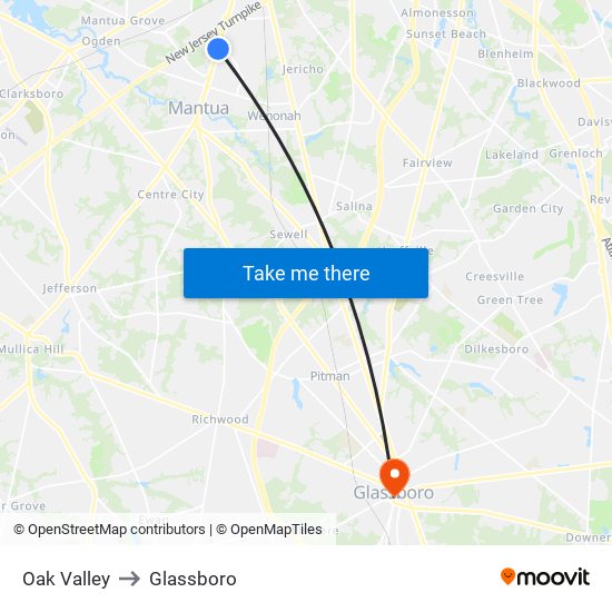 Oak Valley to Glassboro map