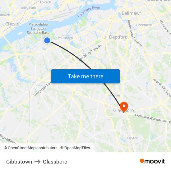 Gibbstown to Glassboro map