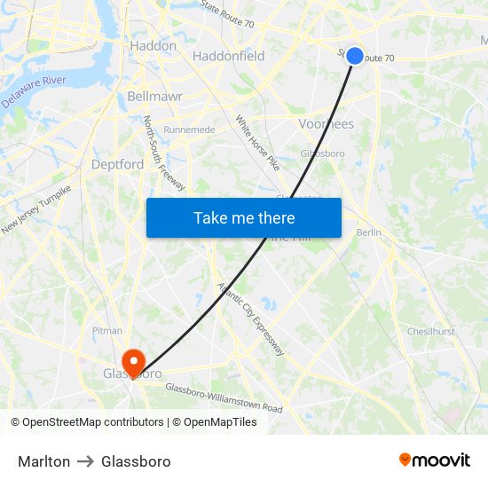 Marlton to Glassboro map