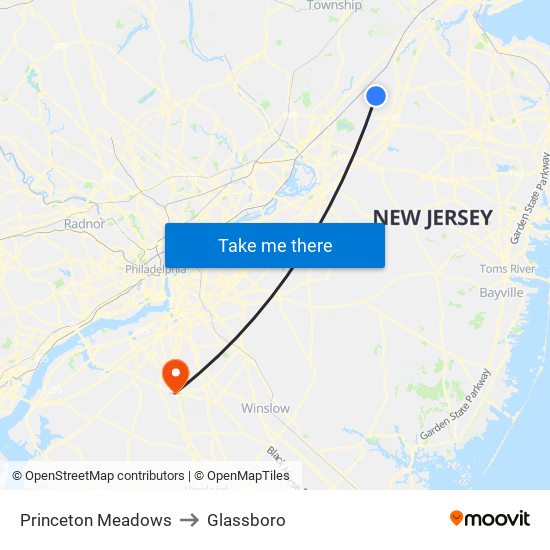 Princeton Meadows to Glassboro map