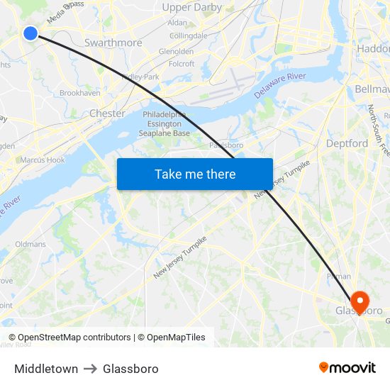 Middletown to Glassboro map