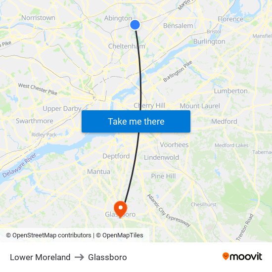 Lower Moreland to Glassboro map