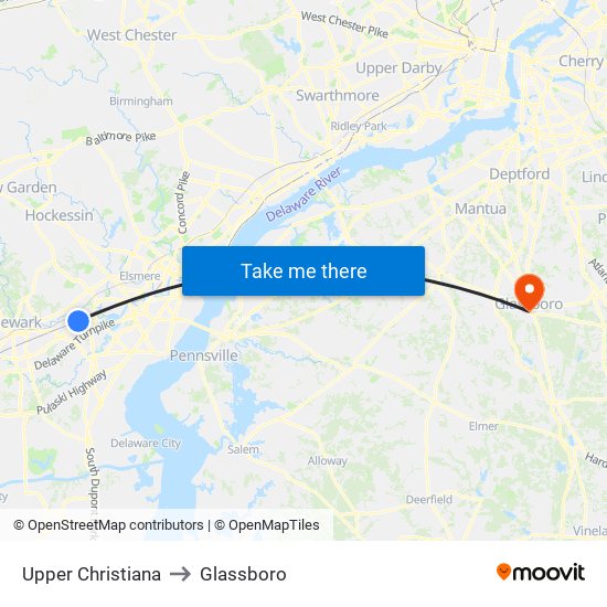 Upper Christiana to Glassboro map