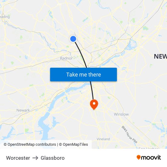 Worcester to Glassboro map