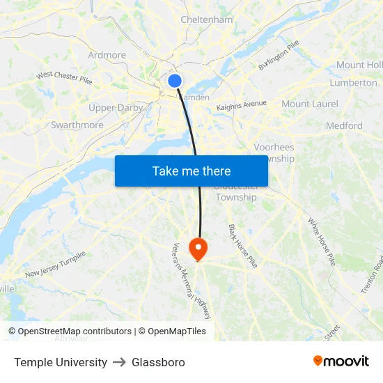 Temple University to Glassboro map