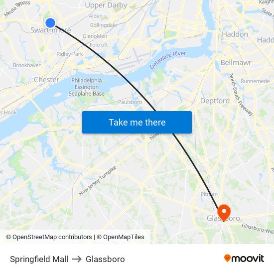Springfield Mall to Glassboro map