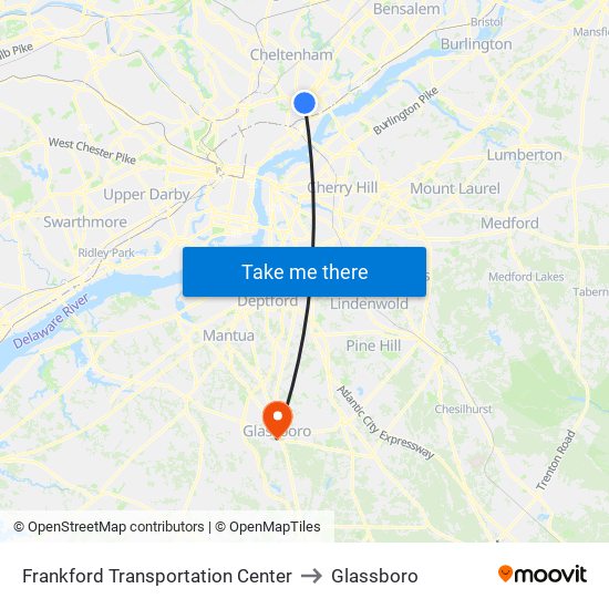 Frankford Transportation Center to Glassboro map