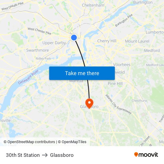 30th St Station to Glassboro map
