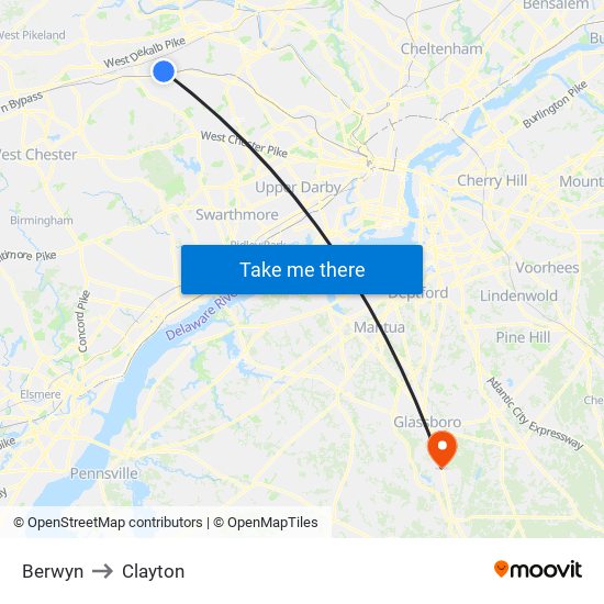 Berwyn to Clayton map