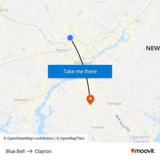 Blue Bell to Clayton map