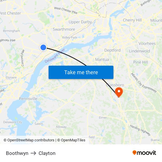 Boothwyn to Clayton map