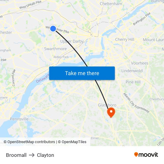 Broomall to Clayton map
