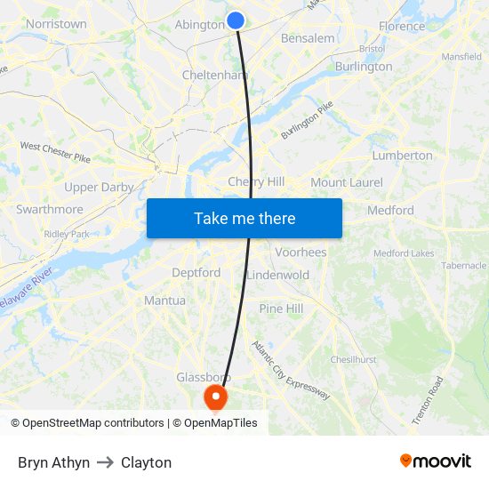 Bryn Athyn to Clayton map