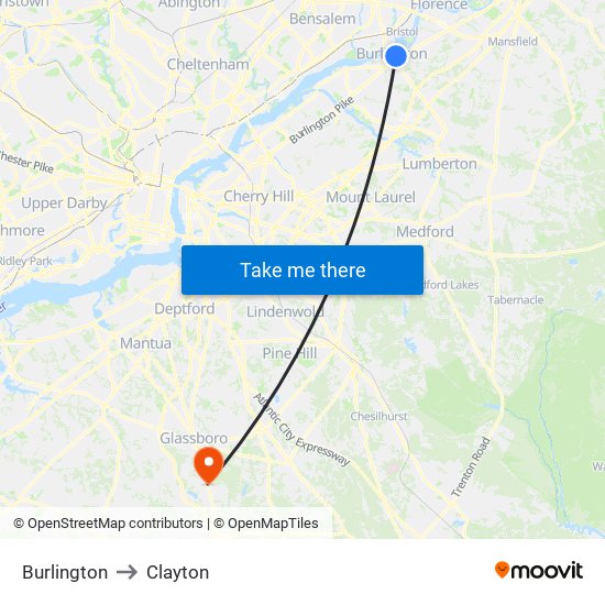 Burlington to Clayton map
