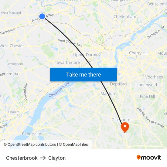 Chesterbrook to Clayton map