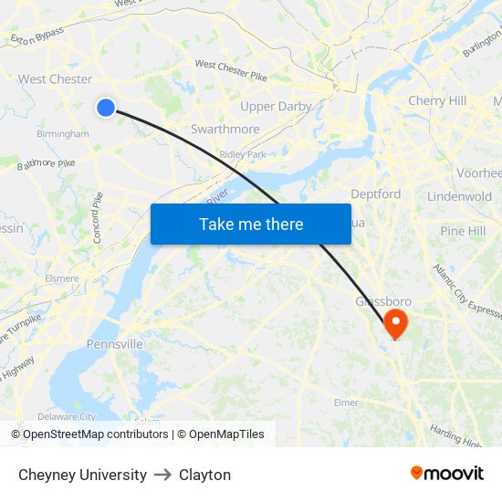 Cheyney University to Clayton map