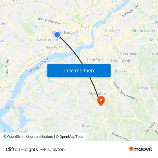 Clifton Heights to Clayton map