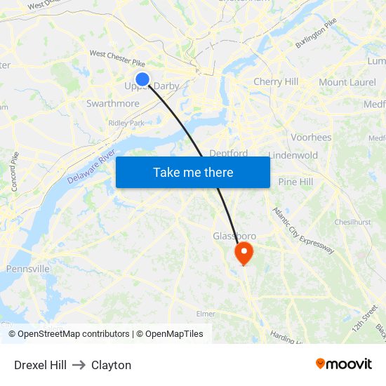 Drexel Hill to Clayton map