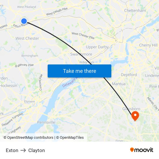 Exton to Clayton map