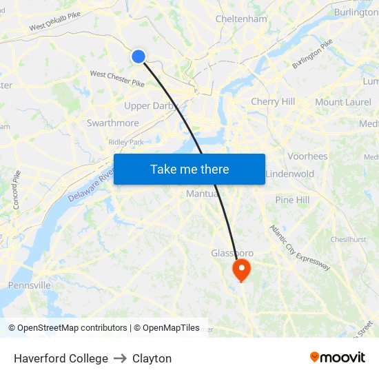 Haverford College to Clayton map