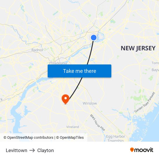 Levittown to Clayton map