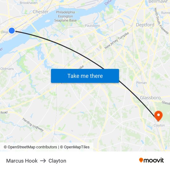 Marcus Hook to Clayton map