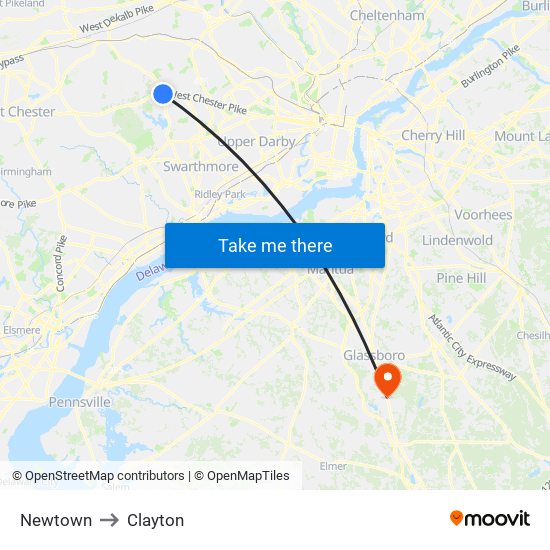 Newtown to Clayton map